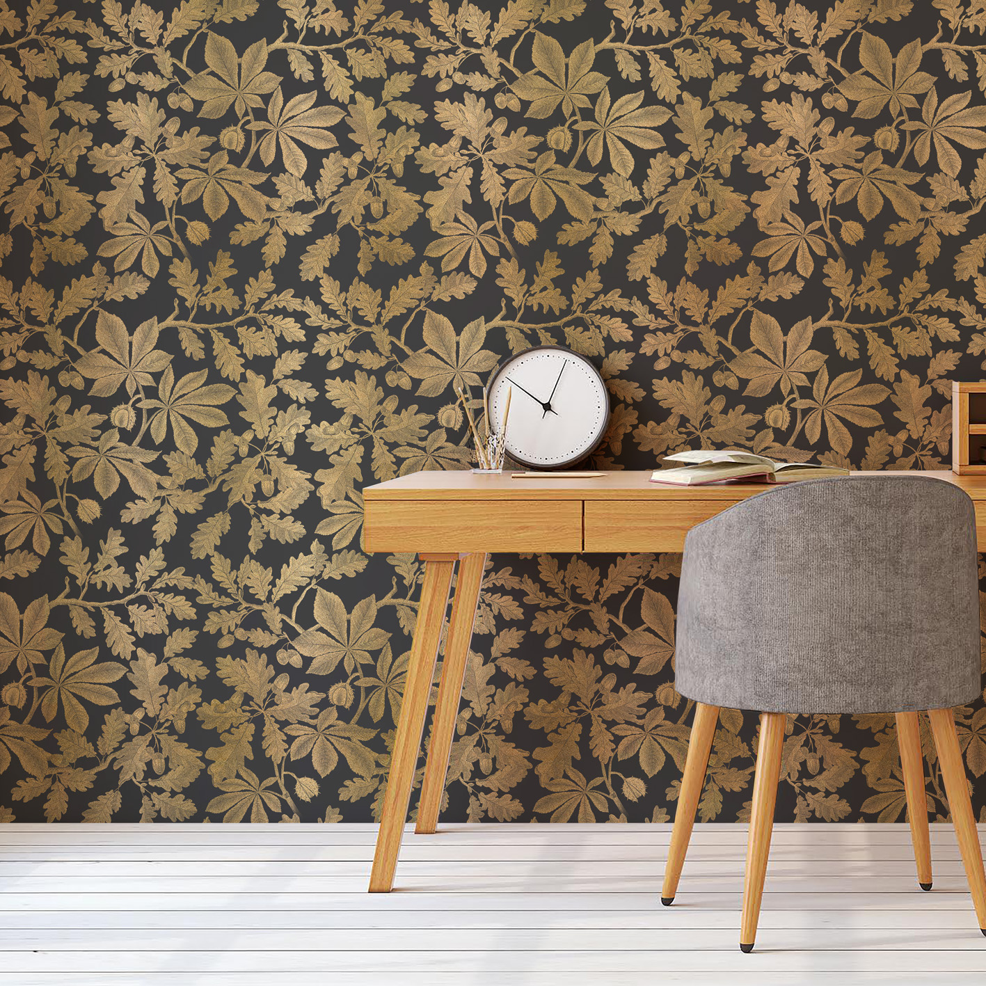 Luxury Floral Non-Woven Wallpaper – Four Seasons Autumn, Graphite & Gold