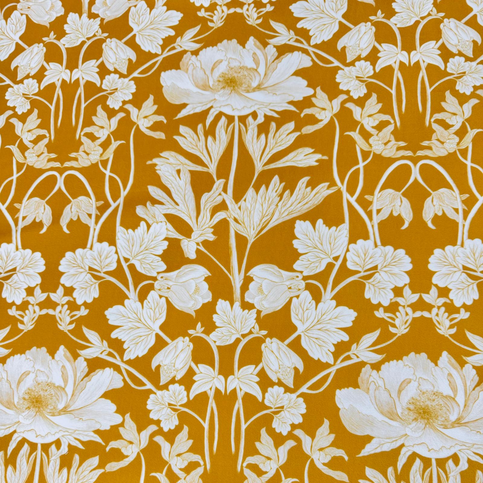 Luxury Heavyweight Upholstery Velvet Fabric by the Metre – Four Seasons Summer Floral – White on Mustard Yellow
