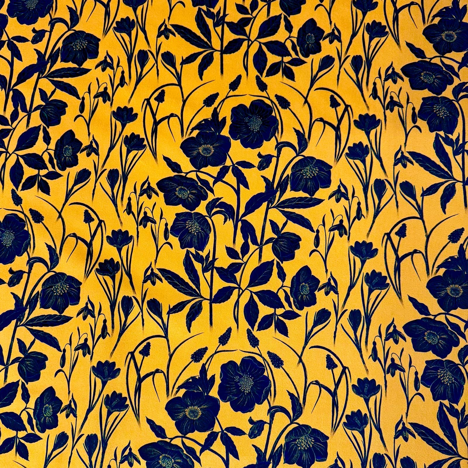 Luxury Heavyweight Upholstery Velvet Fabric by the Metre – Four Seasons Spring Floral – Navy Blue on Mustard Yellow